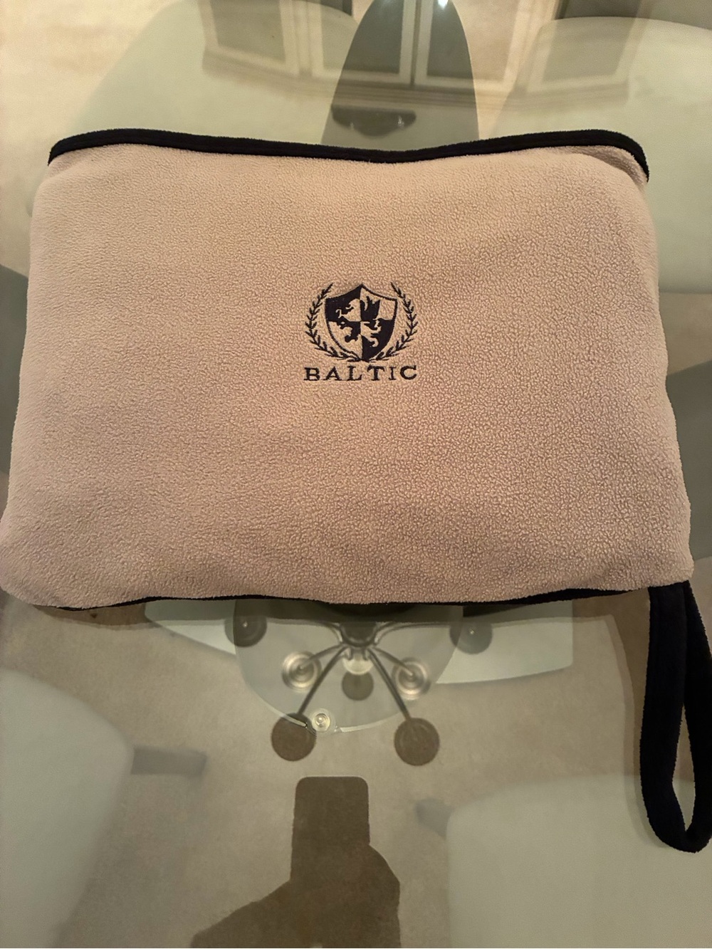 Travel Blanket. Cream Fleece Throw with Embroidered Crest 50x45